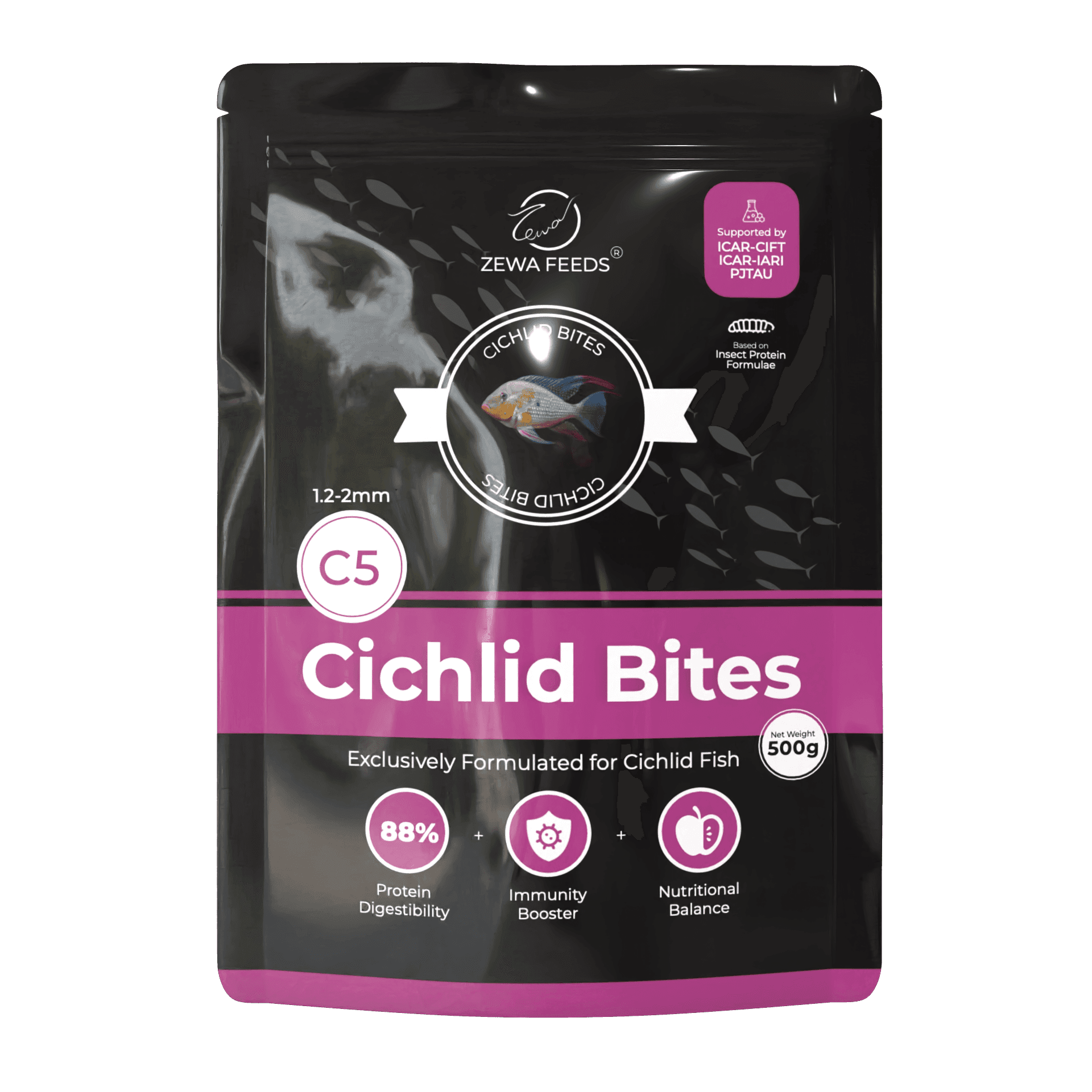Zewa Feeds Cichlid Bites C5 — front of pack, 500G pack