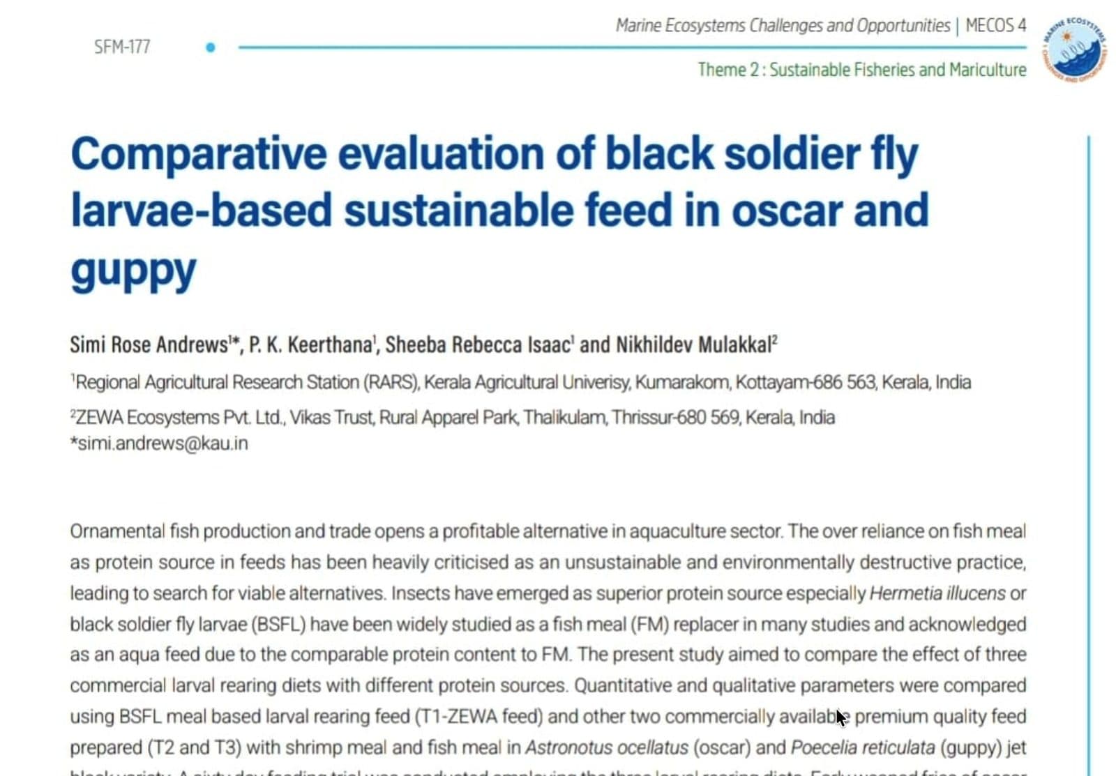 Research abstract: comparative evaluation of black soldier fly larvae-based sustainable feed in oscar and guppy