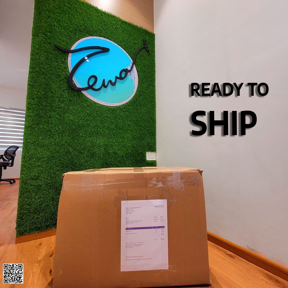 A packed Zewa Feeds order in front of the Ready to Ship wall